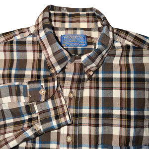 Men's Pendleton Wool Flannel Plaid Casual Button Down Brown Blue Large Fall